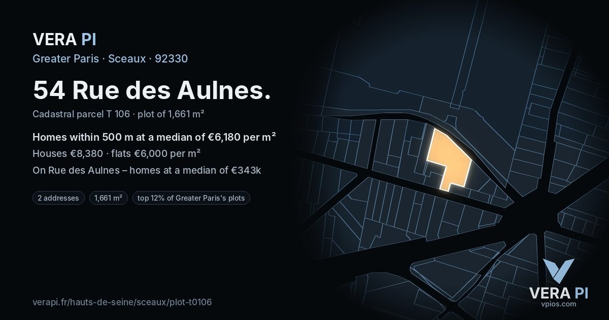 54 Rue des Aulnes, Sceaux at night – the plot lit, the parcels around coloured by the prices near them