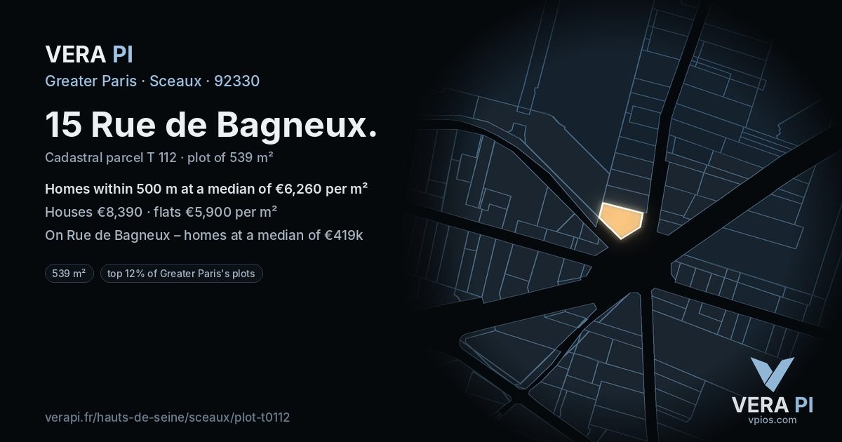 15 Rue de Bagneux, Sceaux at night – the plot lit, the parcels around coloured by the prices near them