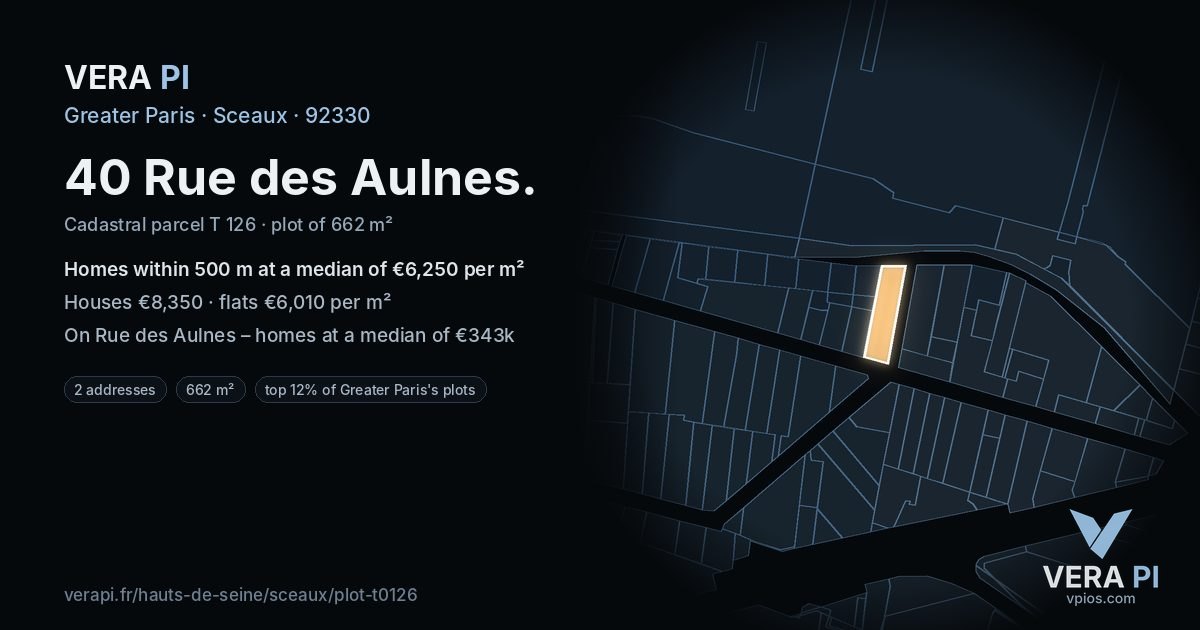 40 Rue des Aulnes, Sceaux at night – the plot lit, the parcels around coloured by the prices near them