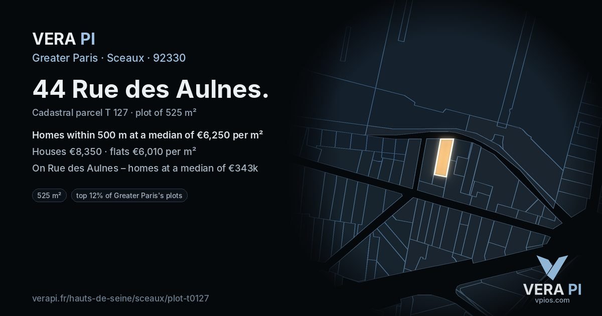 44 Rue des Aulnes, Sceaux at night – the plot lit, the parcels around coloured by the prices near them