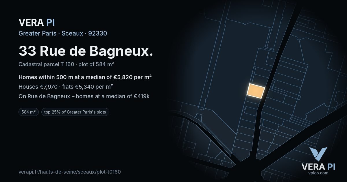 33 Rue de Bagneux, Sceaux at night – the plot lit, the parcels around coloured by the prices near them