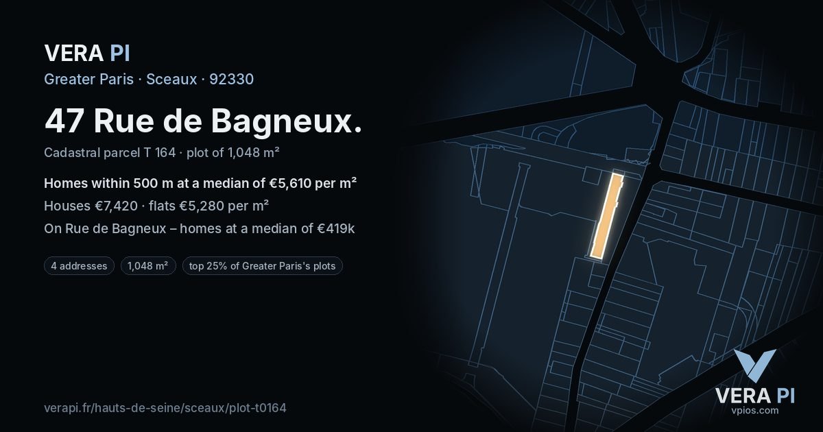 47 Rue de Bagneux, Sceaux at night – the plot lit, the parcels around coloured by the prices near them