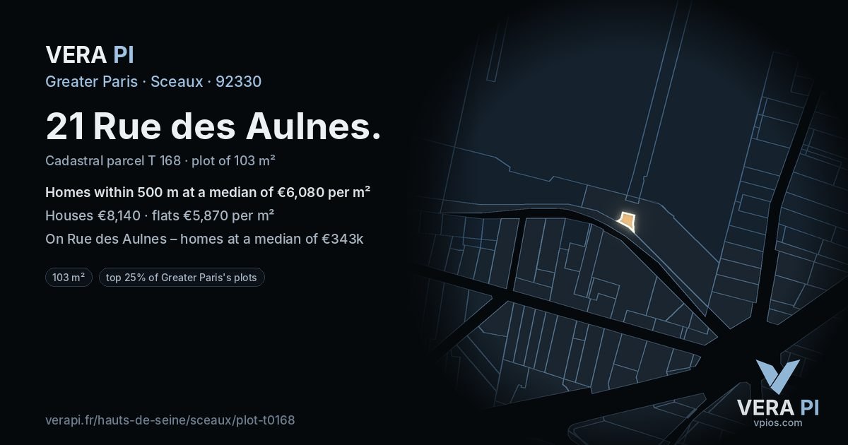 21 Rue des Aulnes, Sceaux at night – the plot lit, the parcels around coloured by the prices near them