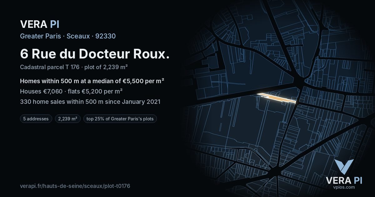6 Rue du Docteur Roux, Sceaux at night – the plot lit, the parcels around coloured by the prices near them