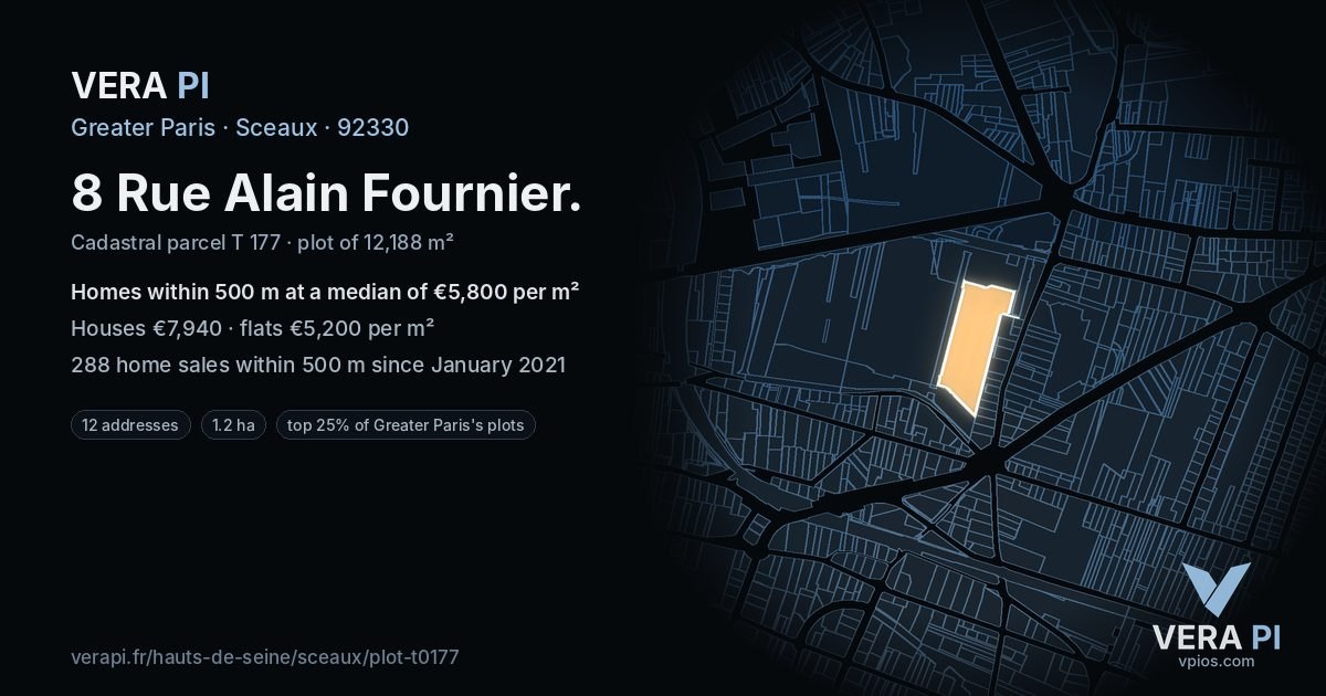 8 Rue Alain Fournier, Sceaux at night – the plot lit, the parcels around coloured by the prices near them