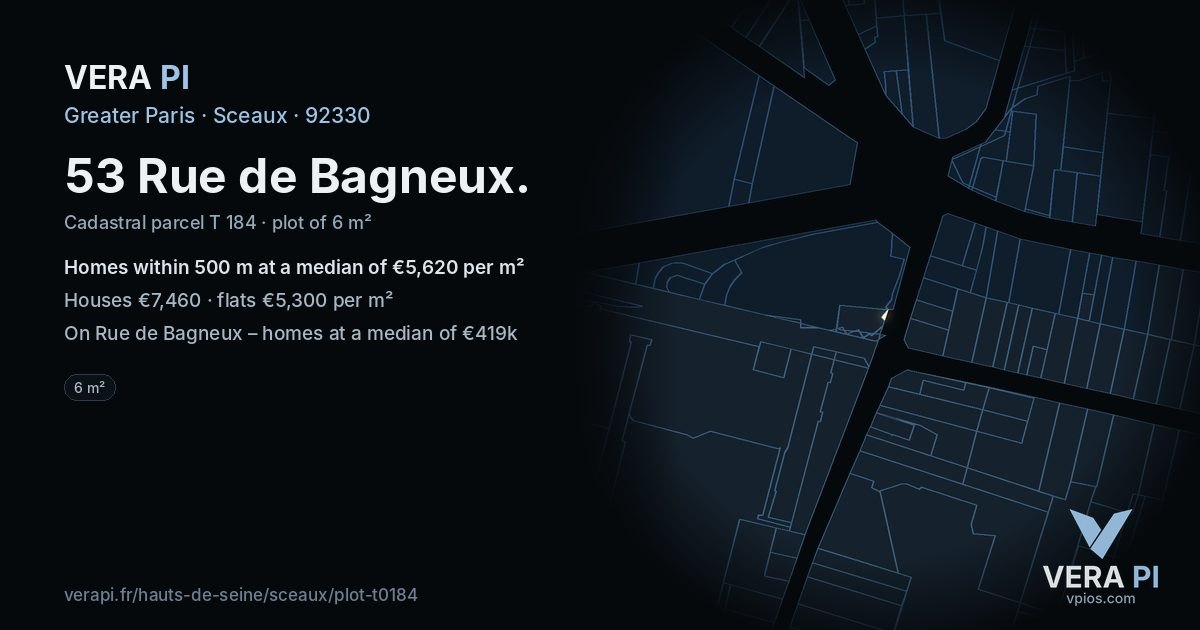 53 Rue de Bagneux, Sceaux at night – the plot lit, the parcels around coloured by the prices near them