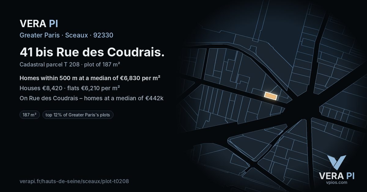 41 bis Rue des Coudrais, Sceaux at night – the plot lit, the parcels around coloured by the prices near them