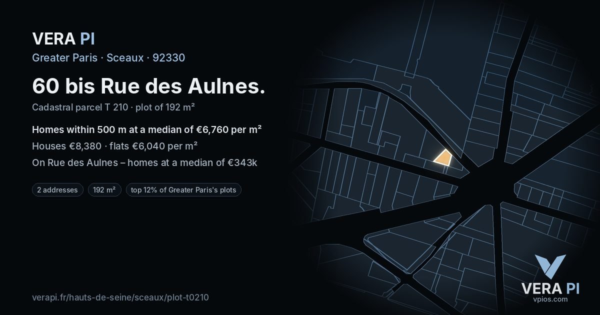 60 bis Rue des Aulnes, Sceaux at night – the plot lit, the parcels around coloured by the prices near them