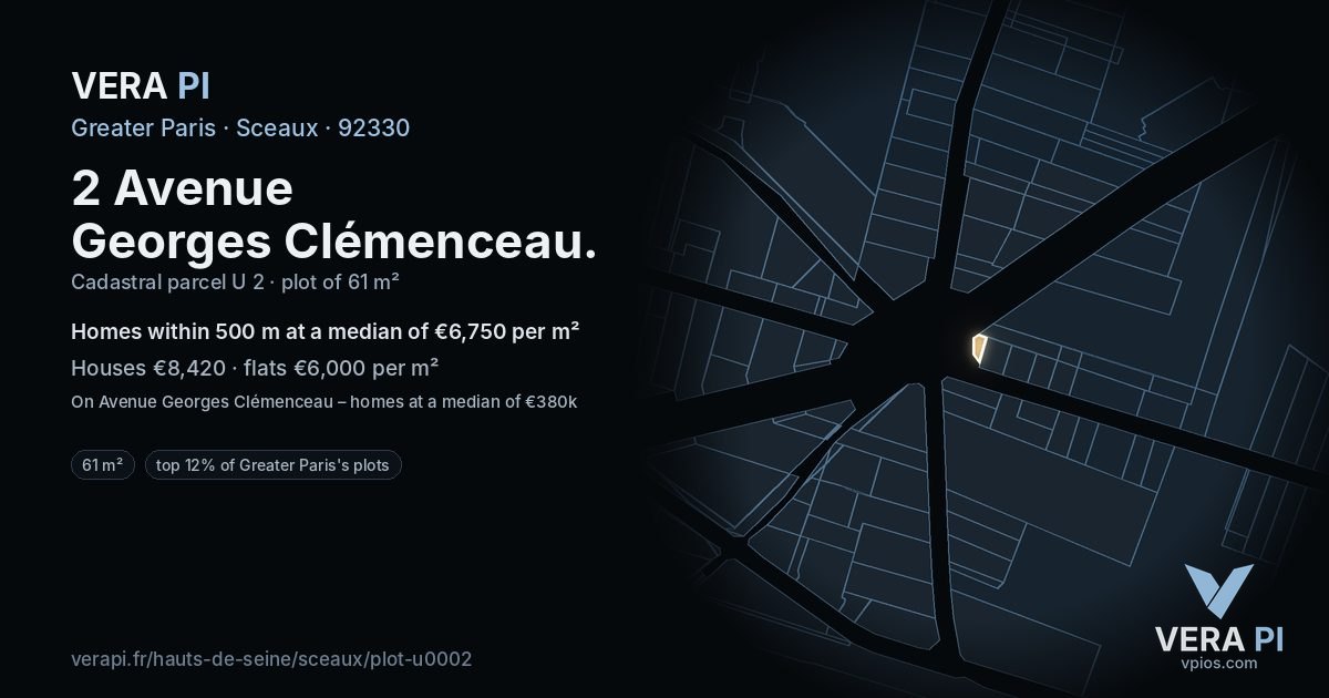 2 Avenue Georges Clémenceau, Sceaux at night – the plot lit, the parcels around coloured by the prices near them