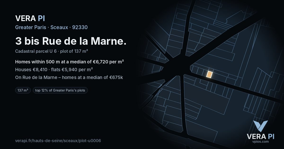 3 bis Rue de la Marne, Sceaux at night – the plot lit, the parcels around coloured by the prices near them