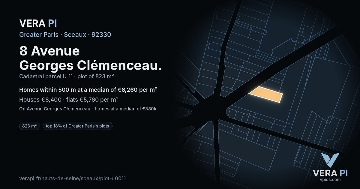 8 Avenue Georges Clémenceau, Sceaux at night – the plot lit, the parcels around coloured by the prices near them
