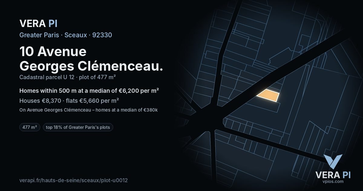 10 Avenue Georges Clémenceau, Sceaux at night – the plot lit, the parcels around coloured by the prices near them
