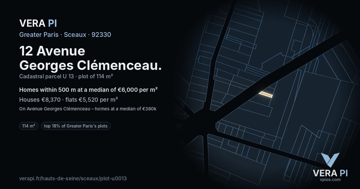 12 Avenue Georges Clémenceau, Sceaux at night – the plot lit, the parcels around coloured by the prices near them