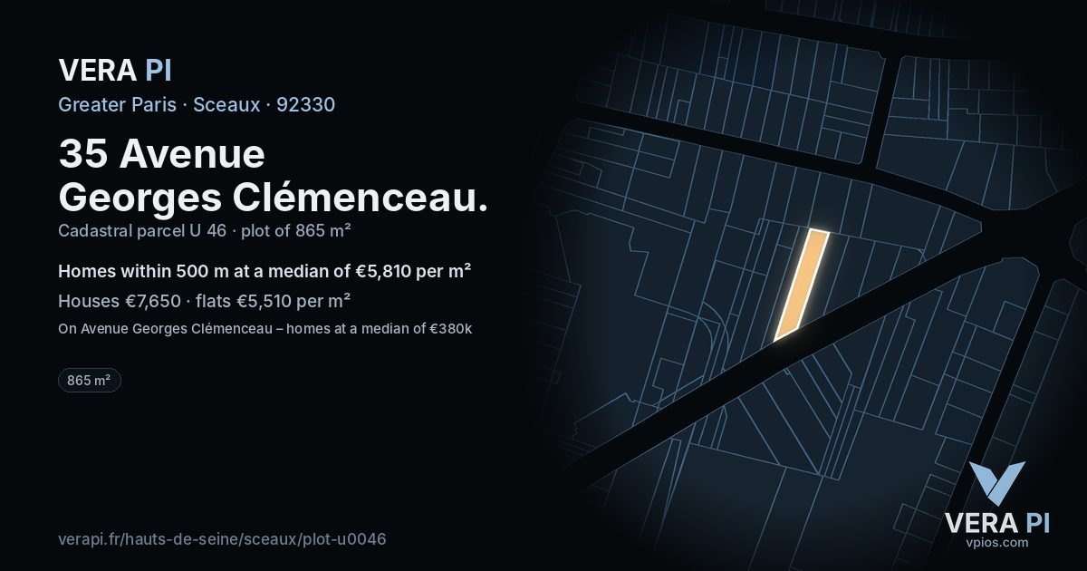35 Avenue Georges Clémenceau, Sceaux at night – the plot lit, the parcels around coloured by the prices near them