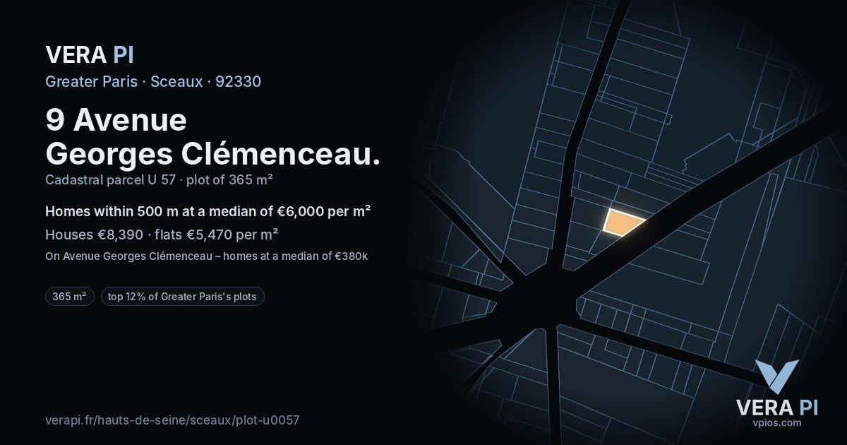 9 Avenue Georges Clémenceau, Sceaux at night – the plot lit, the parcels around coloured by the prices near them