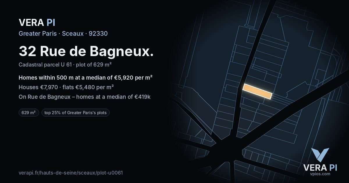 32 Rue de Bagneux, Sceaux at night – the plot lit, the parcels around coloured by the prices near them