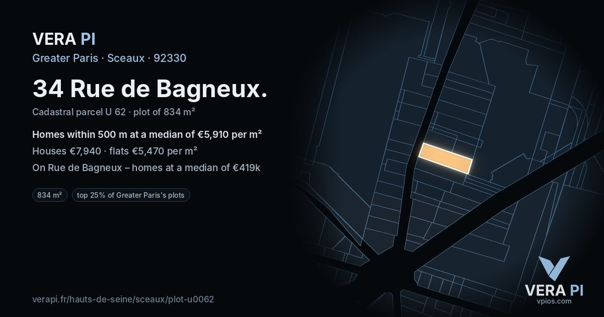 34 Rue de Bagneux, Sceaux at night – the plot lit, the parcels around coloured by the prices near them