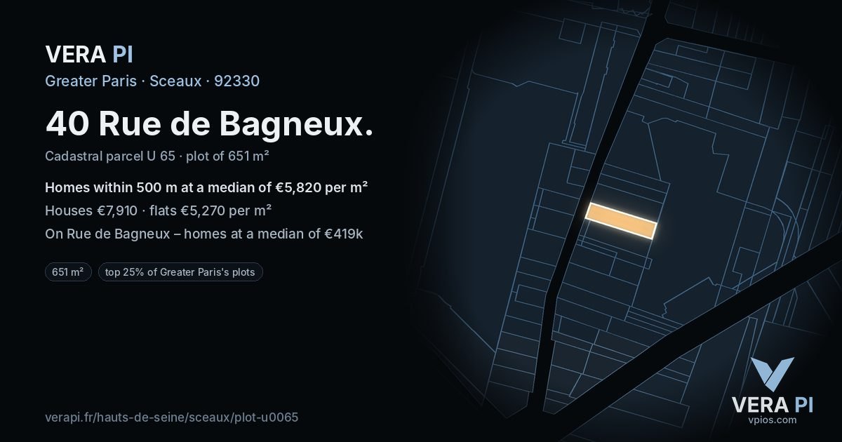 40 Rue de Bagneux, Sceaux at night – the plot lit, the parcels around coloured by the prices near them