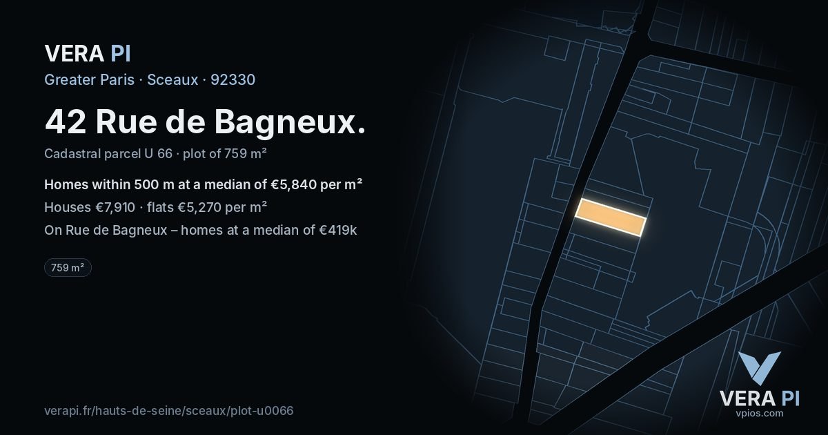 42 Rue de Bagneux, Sceaux at night – the plot lit, the parcels around coloured by the prices near them