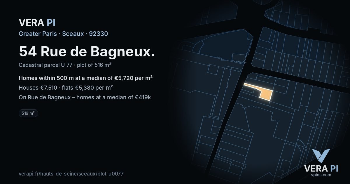 54 Rue de Bagneux, Sceaux at night – the plot lit, the parcels around coloured by the prices near them