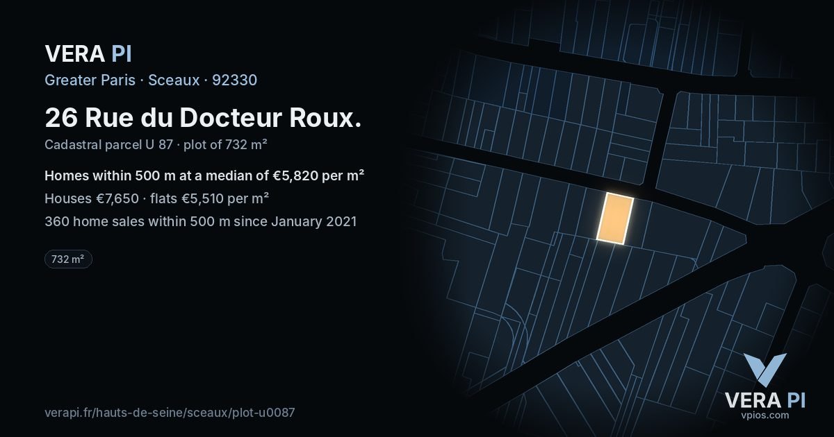 26 Rue du Docteur Roux, Sceaux at night – the plot lit, the parcels around coloured by the prices near them