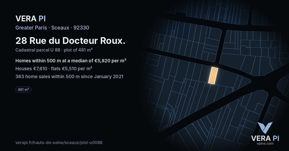 28 Rue du Docteur Roux, Sceaux at night – the plot lit, the parcels around coloured by the prices near them