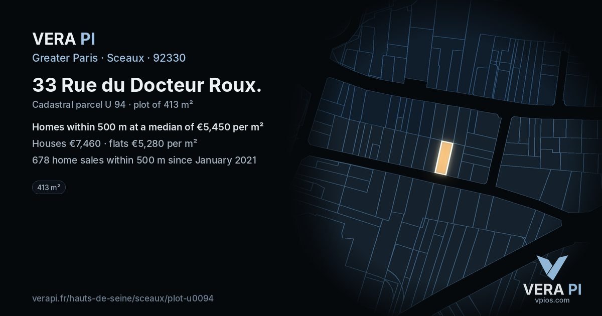33 Rue du Docteur Roux, Sceaux at night – the plot lit, the parcels around coloured by the prices near them