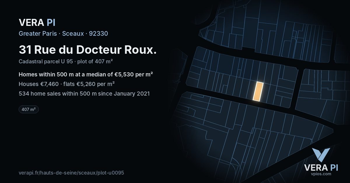 31 Rue du Docteur Roux, Sceaux at night – the plot lit, the parcels around coloured by the prices near them