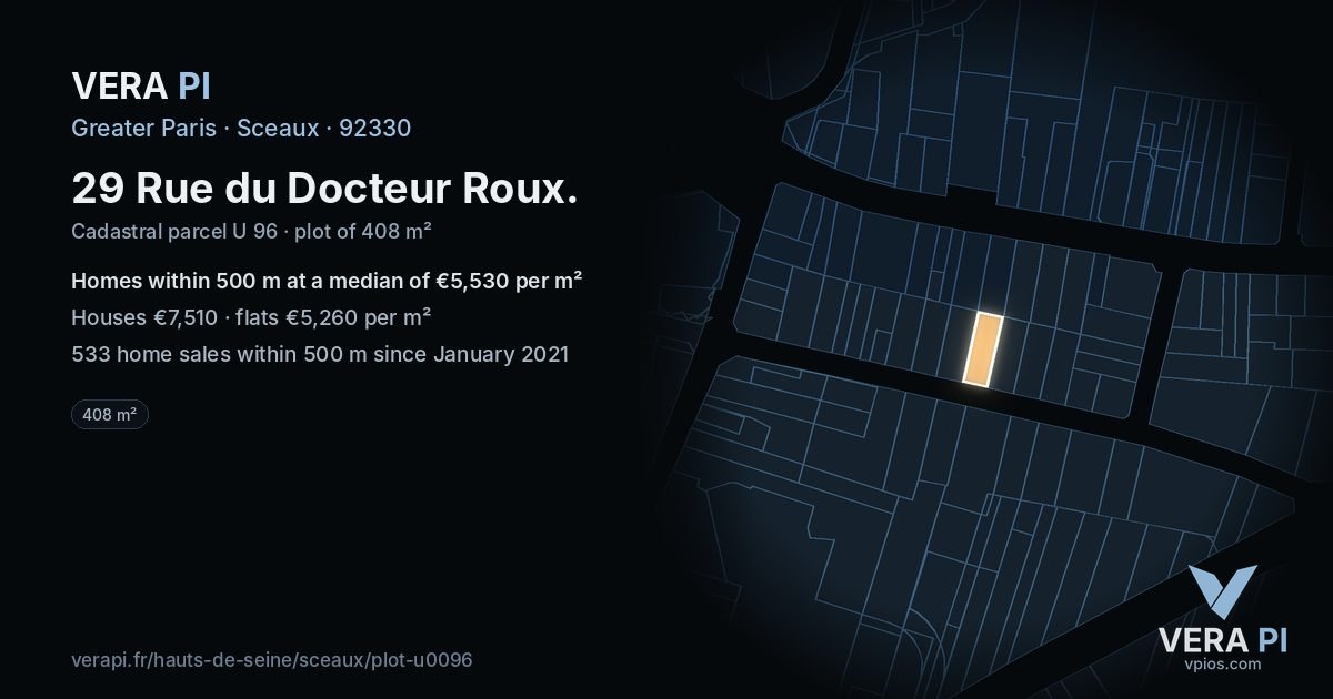 29 Rue du Docteur Roux, Sceaux at night – the plot lit, the parcels around coloured by the prices near them