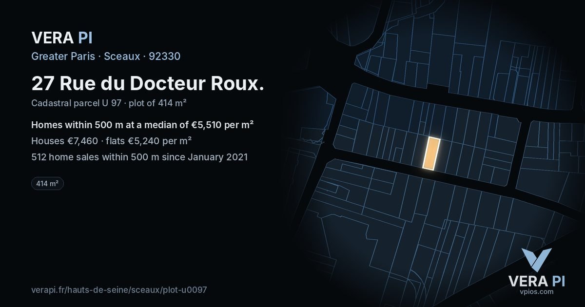 27 Rue du Docteur Roux, Sceaux at night – the plot lit, the parcels around coloured by the prices near them
