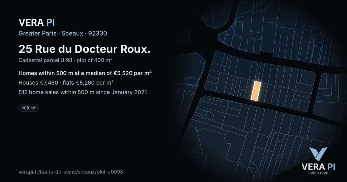 25 Rue du Docteur Roux, Sceaux at night – the plot lit, the parcels around coloured by the prices near them