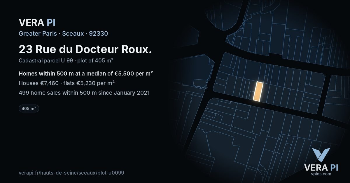 23 Rue du Docteur Roux, Sceaux at night – the plot lit, the parcels around coloured by the prices near them