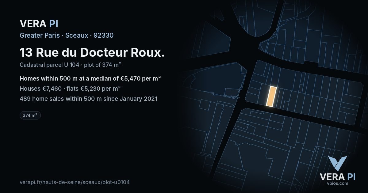 13 Rue du Docteur Roux, Sceaux at night – the plot lit, the parcels around coloured by the prices near them