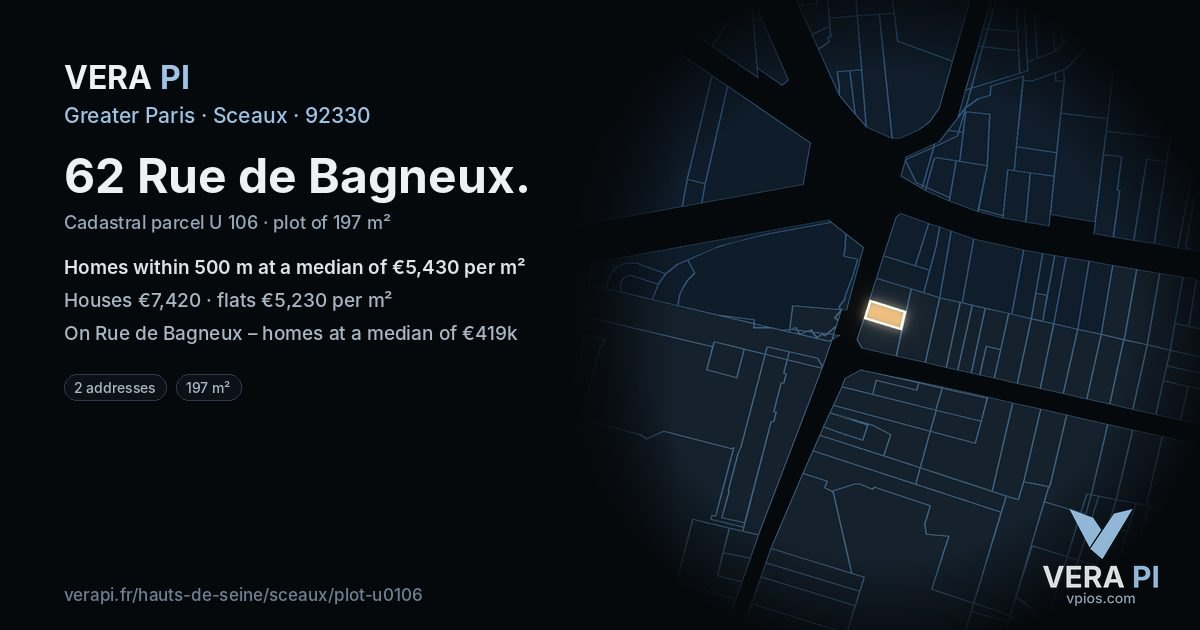 62 Rue de Bagneux, Sceaux at night – the plot lit, the parcels around coloured by the prices near them