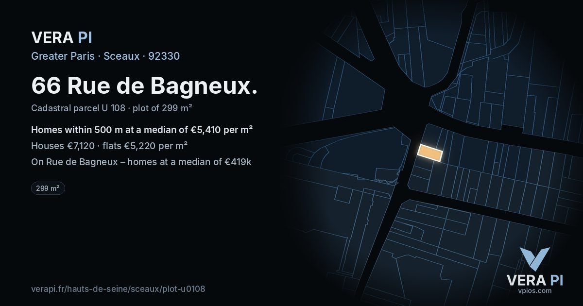 66 Rue de Bagneux, Sceaux at night – the plot lit, the parcels around coloured by the prices near them