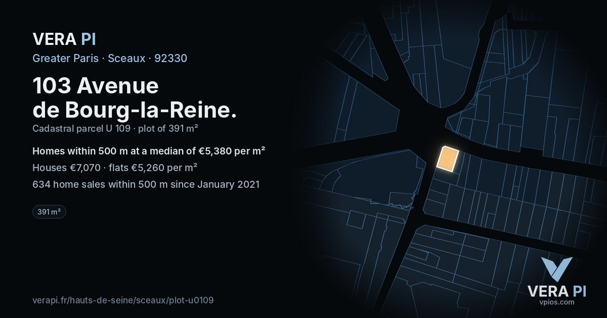103 Avenue de Bourg-la-Reine, Sceaux at night – the plot lit, the parcels around coloured by the prices near them