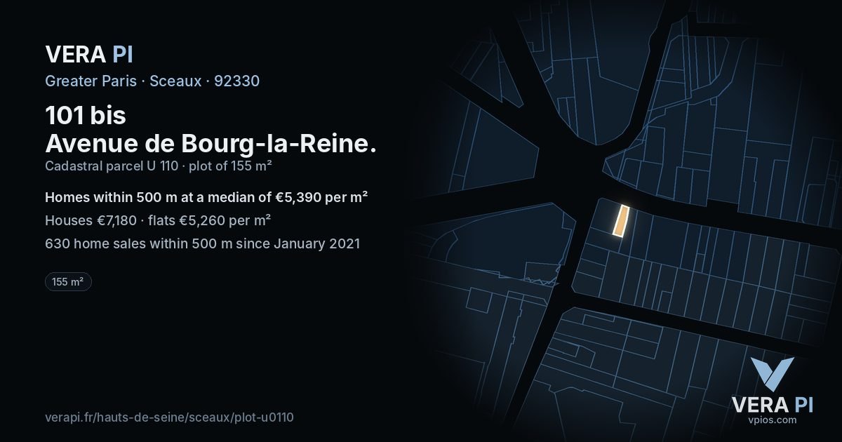 101 bis Avenue de Bourg-la-Reine, Sceaux at night – the plot lit, the parcels around coloured by the prices near them