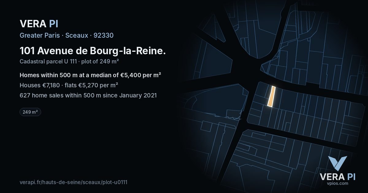 101 Avenue de Bourg-la-Reine, Sceaux at night – the plot lit, the parcels around coloured by the prices near them