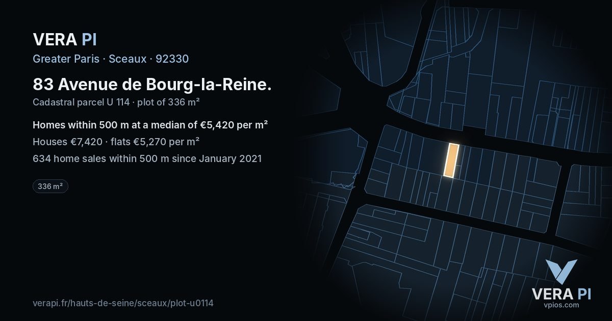 83 Avenue de Bourg-la-Reine, Sceaux at night – the plot lit, the parcels around coloured by the prices near them