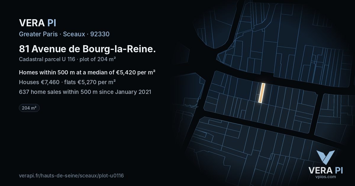 81 Avenue de Bourg-la-Reine, Sceaux at night – the plot lit, the parcels around coloured by the prices near them