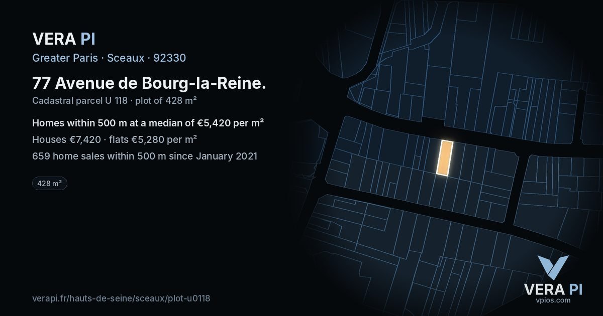 77 Avenue de Bourg-la-Reine, Sceaux at night – the plot lit, the parcels around coloured by the prices near them