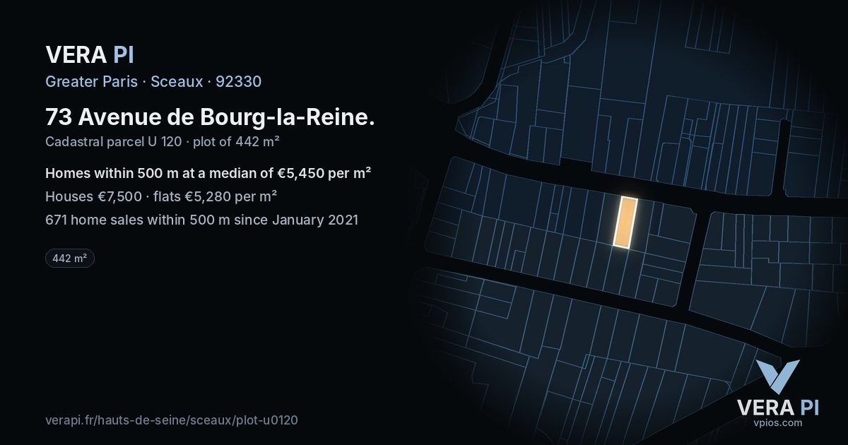 73 Avenue de Bourg-la-Reine, Sceaux at night – the plot lit, the parcels around coloured by the prices near them