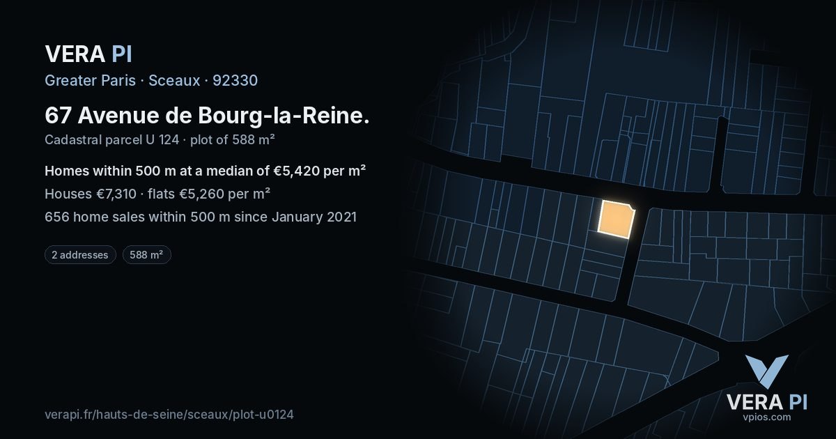 67 Avenue de Bourg-la-Reine, Sceaux at night – the plot lit, the parcels around coloured by the prices near them