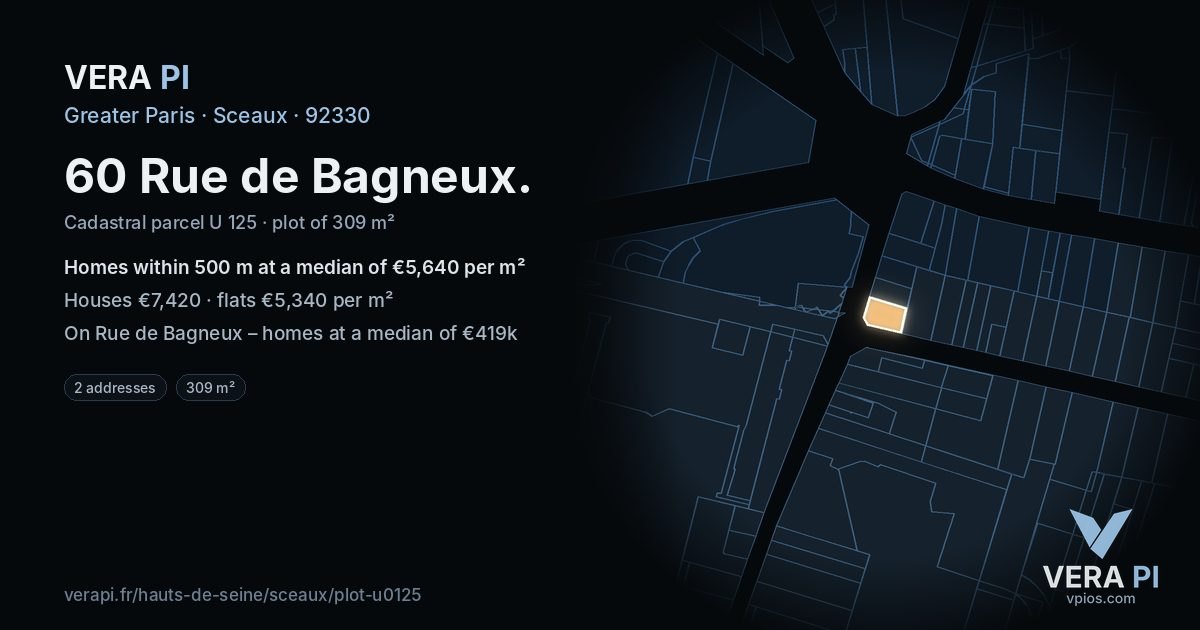 60 Rue de Bagneux, Sceaux at night – the plot lit, the parcels around coloured by the prices near them