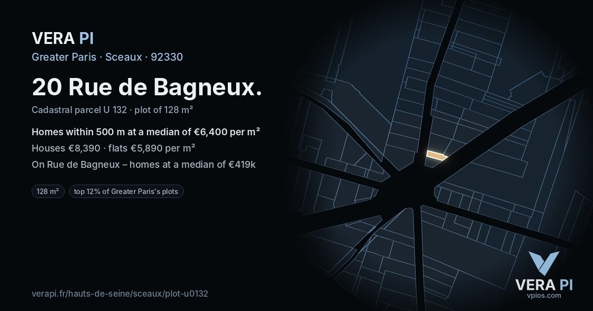20 Rue de Bagneux, Sceaux at night – the plot lit, the parcels around coloured by the prices near them