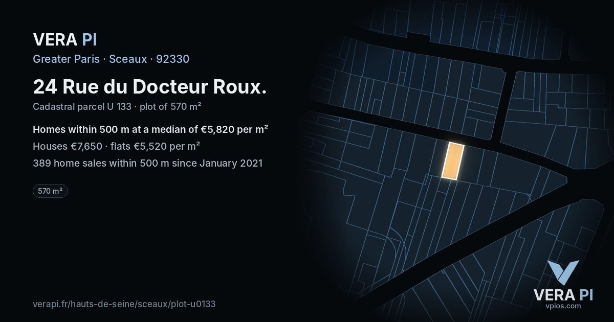 24 Rue du Docteur Roux, Sceaux at night – the plot lit, the parcels around coloured by the prices near them