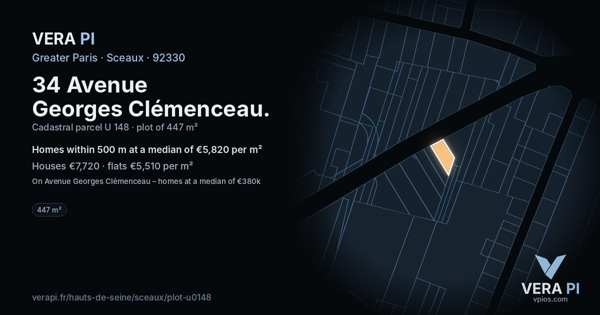 34 Avenue Georges Clémenceau, Sceaux at night – the plot lit, the parcels around coloured by the prices near them