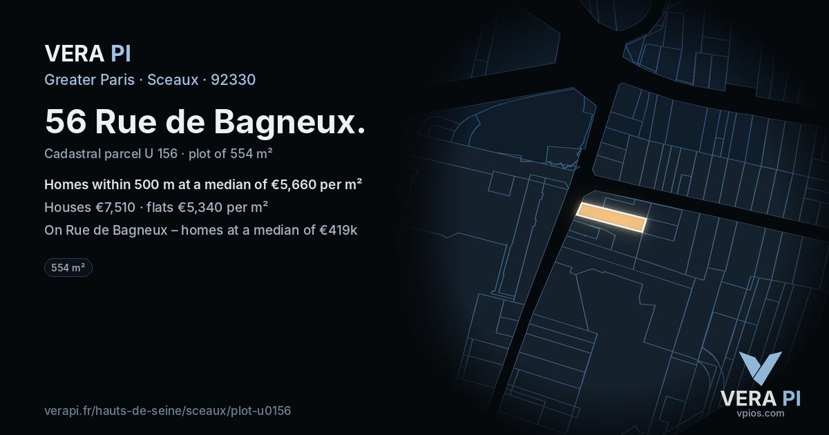 56 Rue de Bagneux, Sceaux at night – the plot lit, the parcels around coloured by the prices near them