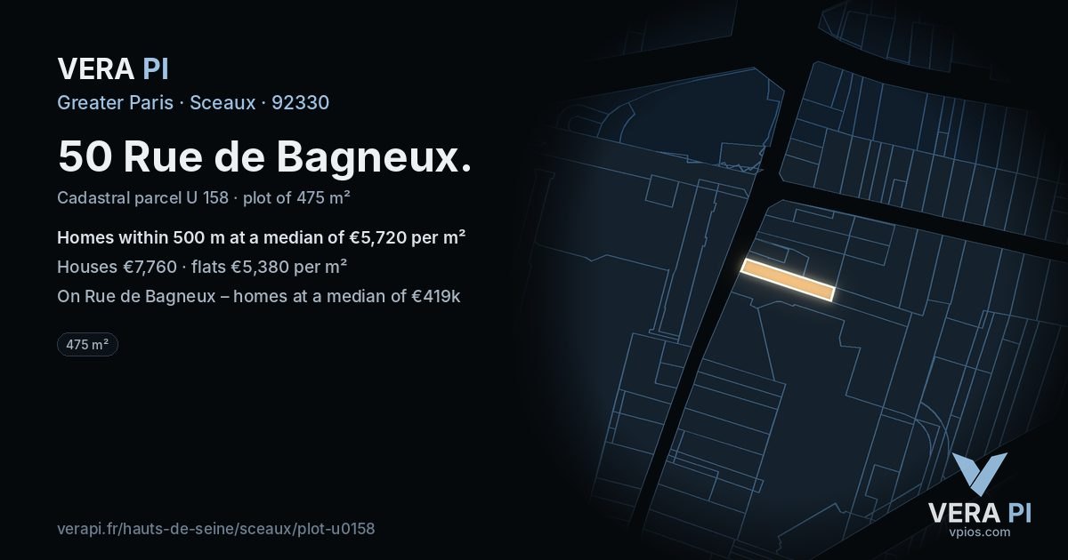 50 Rue de Bagneux, Sceaux at night – the plot lit, the parcels around coloured by the prices near them