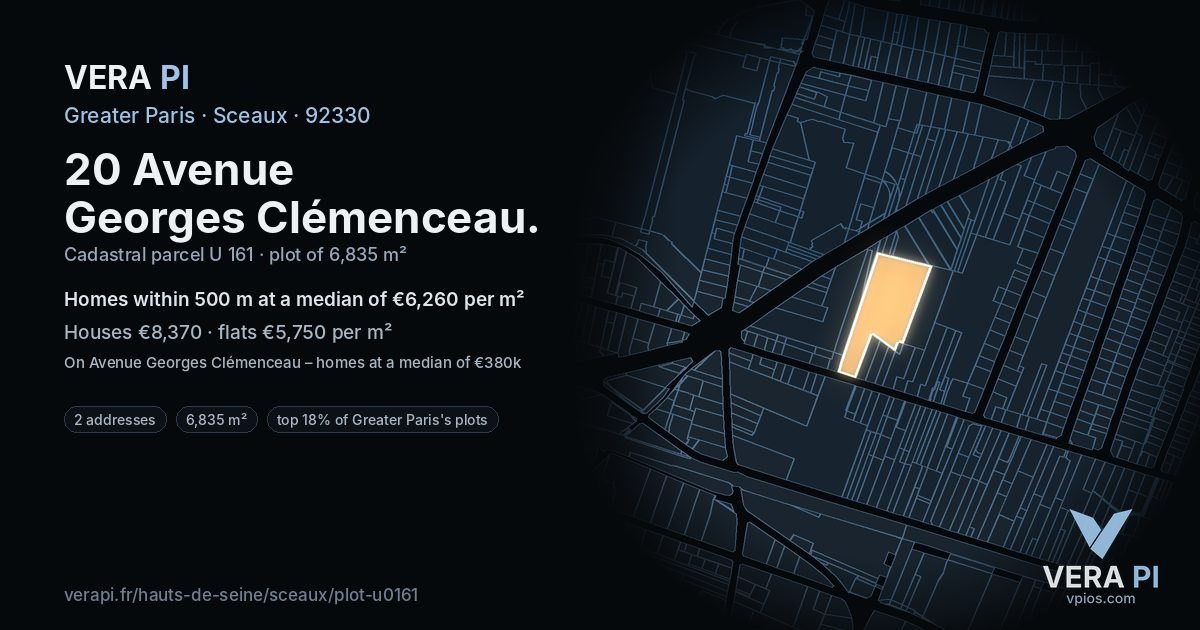 20 Avenue Georges Clémenceau, Sceaux at night – the plot lit, the parcels around coloured by the prices near them